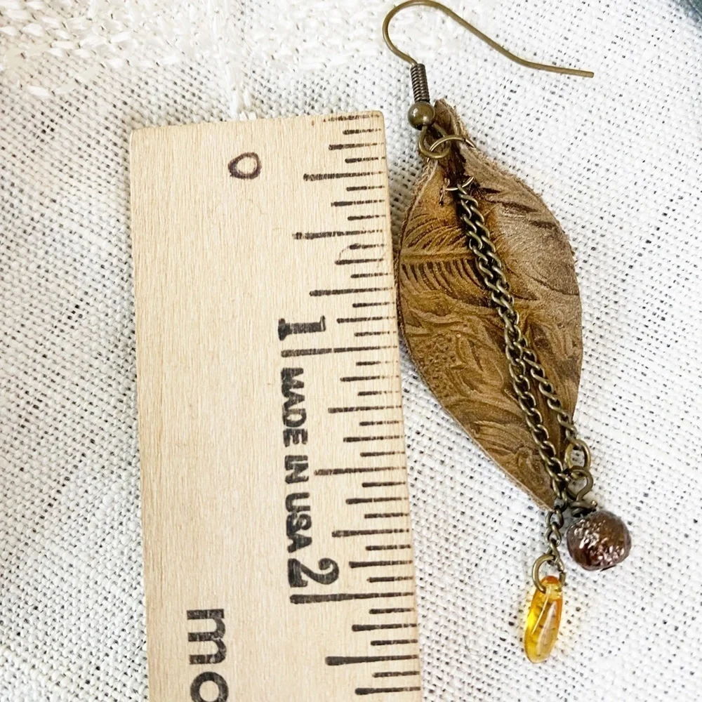 Leather Earrings Orange Glass Bead and‎ chains
